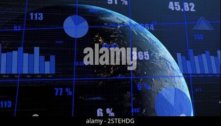 Global statistics and data visualization image over rotating Earth Stock Photo