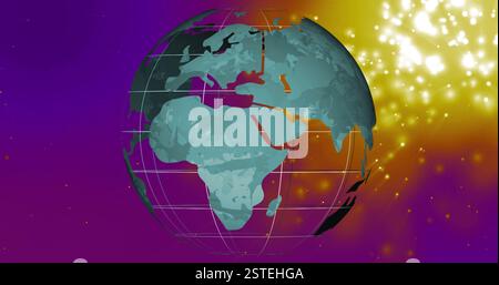 Rotating globe image over colorful background with glowing particles Stock Photo