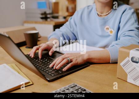 Focused professional using laptop and working on project in cozy home office setting with coffee cup and documents positioned around for organization Stock Photo