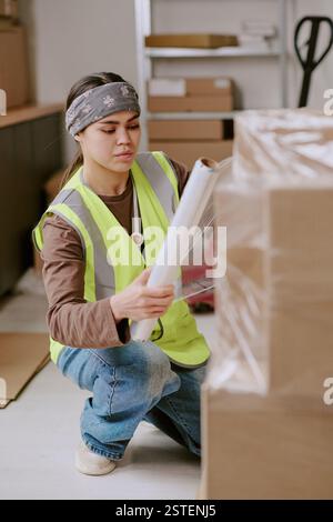Woman inspecting shipping box while wearing high-visibility safety vest and bandana, surroundings indicate warehouse setting with boxes and shelves visible in background Stock Photo