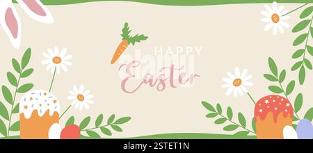 Horizontal Easter banner, vector festive design with cakes, colored eggs, daisies and rabbit ears. A template for an Easter card, a flyer, a frame with a place for text. Stock Vector