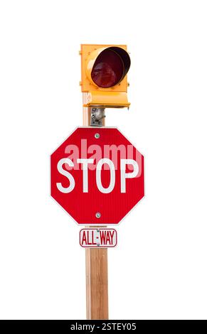 All Way Stop Sign with flashing red warning light isolated cutout on white Stock Photo