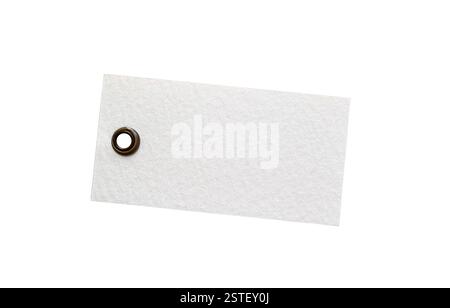 White textured paper tag with brown metal grommet hole isolated cutout on white Stock Photo