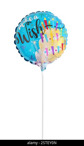Colourful round party helium balloon on a stick with words Make a Wish, isolated cutout on white Stock Photo