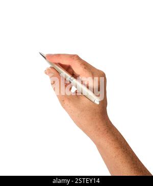 Woman's hand holding pen writing isolated cutout on white Stock Photo