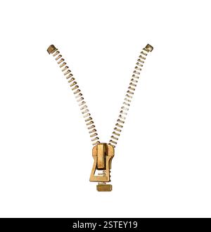 Metal bronse open zipper isolated cutout on white Stock Photo