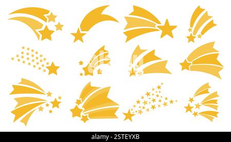 Shooting stars icons set, flying star with comet tail, set of falling star with trails. Stock Vector