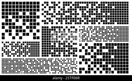 Pixel banner. Header, footer layout with mosaic edges. Horizontal title tags with pixels. Labels pixelated decoration advertising elements. Rectangula Stock Vector