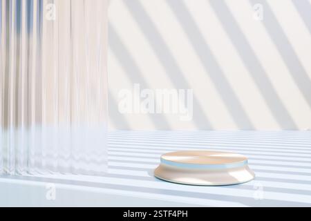 Abstract composition with a round podium for product display and a glass ribbed panel. 3D rendering Stock Photo