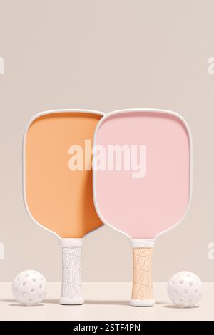 Colorful pickleball paddles and balls on a neutral background, perfect for sports enthusiasts. 3d rendering Stock Photo