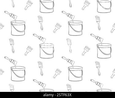 Hand drawn seamless pattern with brushes and color can. Vector graphic line illustration. Stock Vector