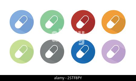 Pill Icon Set. Vector isolated flat blue and green illustration of a pill Stock Vector