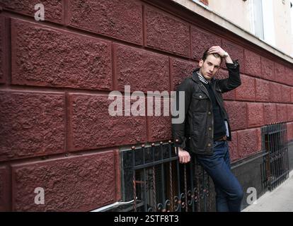 Confident man posing in selvedge  jeans Stock Photo