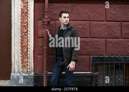 Confident man posing in selvedge  jeans Stock Photo