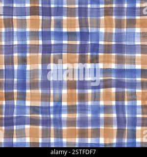 Watercolor stripe plaid gingham seamless pattern. Purple and orange color stripes on white background. Watercolour hand drawn striped texture. Print f Stock Photo