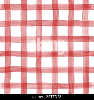 Watercolor stripe plaid gingham seamless pattern. Red color stripes on white background. Watercolour hand drawn striped texture. Print for cloth desig Stock Photo