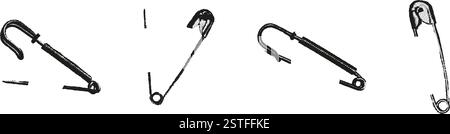 Safety pins stipple photocopy set vector illustration Stock Vector