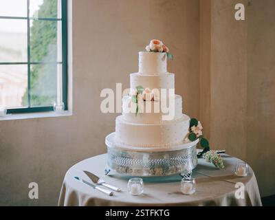 A stunning wedding cake sits elegantly on a table, framed by delicate flowers and soft lighting. Stock Photo