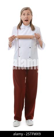 Surprised chef with rolling pin on white background Stock Photo