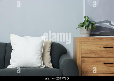 Blank soft pillow on cozy couch at home Stock Photo