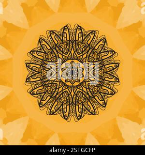 Elegant mandala-like pattern on yellow seamless watercolor texture. Hand-drawn mandala flower. Ornamental round seamless lace pa Stock Photo