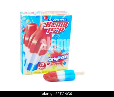 Ocala, FL 4-13-2024 The original rocket bombpop bomb pops cherry red, lime white, blue raspberry flavor.  Summertime cool frozen refreshment from the Stock Photo
