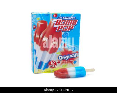 Ocala, FL 4-13-2024 The original rocket bombpop bomb pops cherry red, lime white, blue raspberry flavor.  Summertime cool frozen refreshment from the Stock Photo
