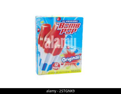 Ocala, FL 4-13-2024 The original rocket bombpop bomb pops cherry red, lime white, blue raspberry flavor.  Summertime cool frozen refreshment from the Stock Photo
