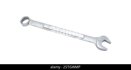 Combination wrench or spanner is a tool used to provide grip and turn nuts and bolts, and similarly shaped objects. It has an open and ring end. isola Stock Photo