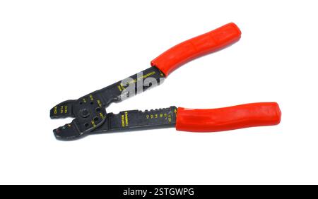 wire stripper or wire cutter with red rubber handles isolated on white Background Stock Photo