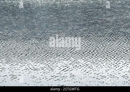 Abstract water surface with rippling patterns reflecting light. Minimalist nature texture with fluid movement and shimmering reflections. Stock Photo