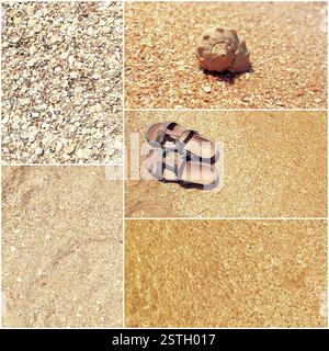 Collage of toned pictures of many beach items - flip-flops, shells,sand, sea water Stock Photo