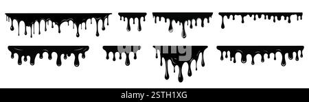 Black dripping paint, melting chocolate or drip of oil. Set of abstract liquid stain elements. Flat vector illustration of splash ink flows. Stock Vector