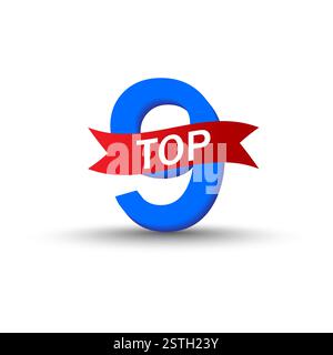 Blue 9 shape. Red TOP ribbon. Vector ranking icon. Bold numeric design. Stock Vector