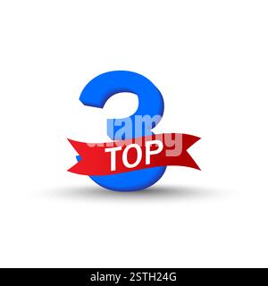 Blue 3 shape. Red TOP ribbon. Vector ranking icon. Bold numeric design. Stock Vector