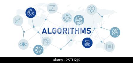 Algorithms algorithmics programming computing problem solving logic for sorting searching optimization data processing concept with icon Stock Vector