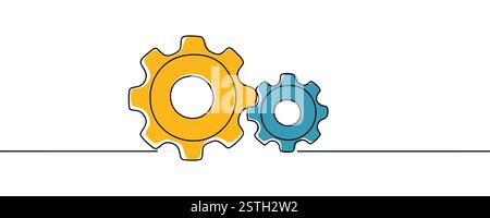 Single line drawing with gear. One continuous line illustration of gear wheel Stock Vector