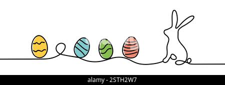 One continuous line drawing of Easter eggs and rabbit. Greeting banner design with bunny and ears in simple linear style. Doodle vector illustration. Stock Vector