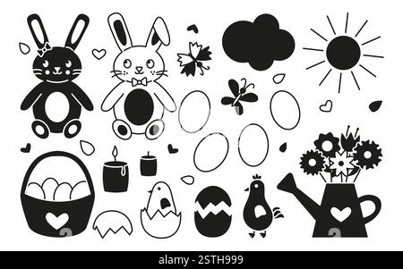 Glyph-style Easter clipart set with solid black rabbits, eggs, chicks, flowers, and holiday elements. Perfect for digital designs, icons, prints, and seasonal decorations Stock Vector