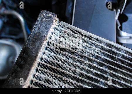 Close up of aluminium fin dirty of car radiator core , Evaporator clogged of car air conditioner , Car repair concept Stock Photo