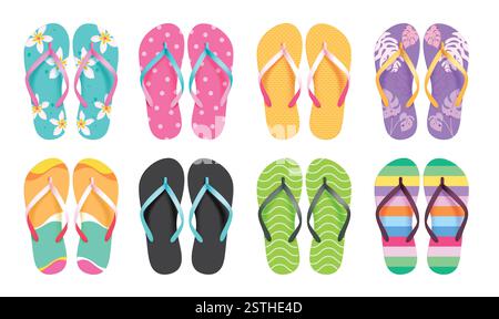 Flipflop colorful pattern clipart set. Multicolored slipper elements clip art for swimming summer beach vacation holiday pair of sandals collection Stock Vector