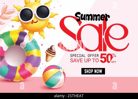 Summer sale template clipart poster design. Summer sale text with tropical elements like sun and floaters clip art for holiday season special offer Stock Vector