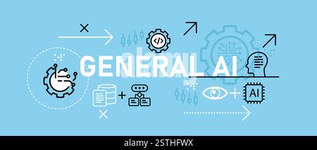 General AI artificial general intelligence AGI universal human-like and adaptive intelligence model conceptual smart machine learning development Stock Vector