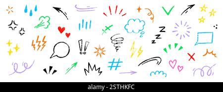 Line movement comic element, cartoon emotion mark effect decoration icon. Hand drawn cute doodle line element arrow, heart, speech bubble. Anime movement, express shape. Vector illustration Stock Vector