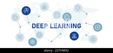 Deep learning AI machine computing data system smart learning analysis programming database artificial intelligence neural modeling processing Stock Vector