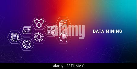 Data mining database harvesting and extraction gradient header information interpretation predictive insights illustration concept Stock Vector