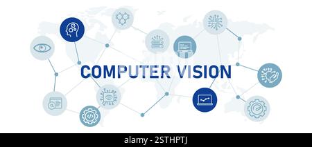 Computer vision visual AI image video recognition icon set with illustration recognition system artificial intelligence deep learning programming Stock Vector