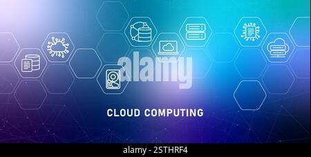 Cloud computing online server gradient header media upload download document data access syncing management development database technology icon Stock Vector