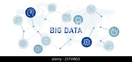 Big data large data set database aggregation large scale massive data icon set with illustration cloud database computing document analysis modern Stock Vector