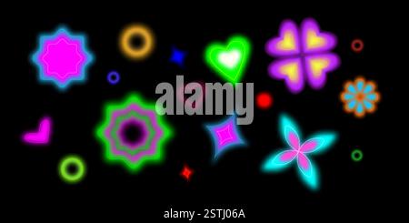 Y2k neon shapes on black background - luminous hearts, flowers, stars and sparkles in vibrant colors. Glowing retro geometric elements with multicolored blurred outlines for trendy digital design. Stock Vector